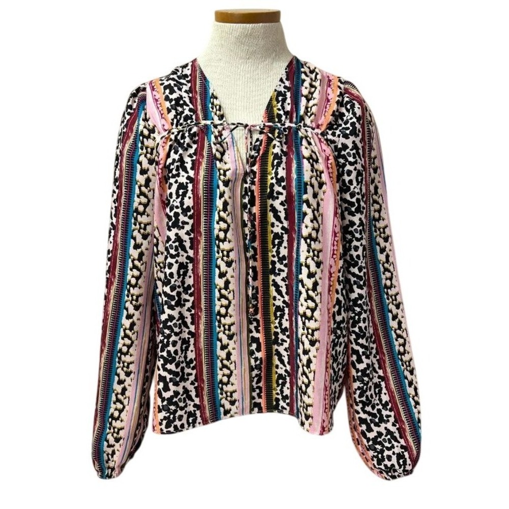 Marie Oliver Blouse Women S Multicolor Excellent Leopard Stripe Tie Neck